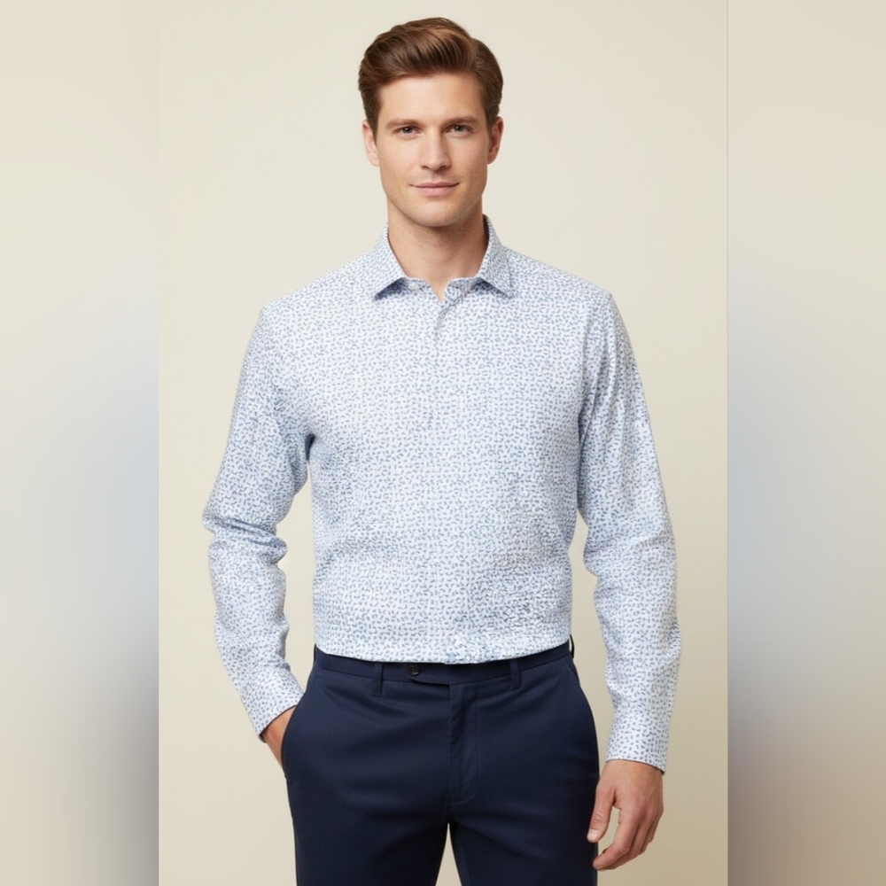 Van Heusen Men's Regular-Fit White Blue Stretch Geo Dress Shirt Size M 15-15.5 3